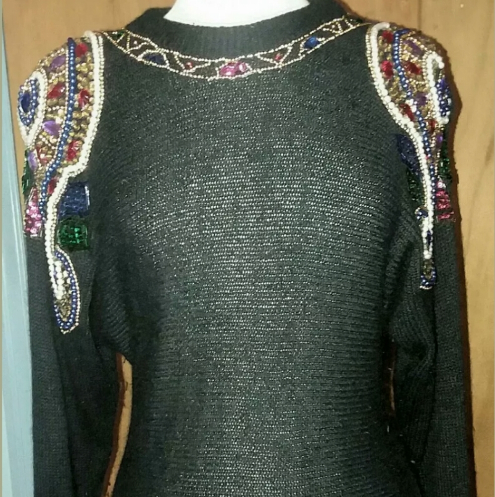 Vintage Marnie West Size M Medium Black Bejeweled sweater shirt top Sweater
